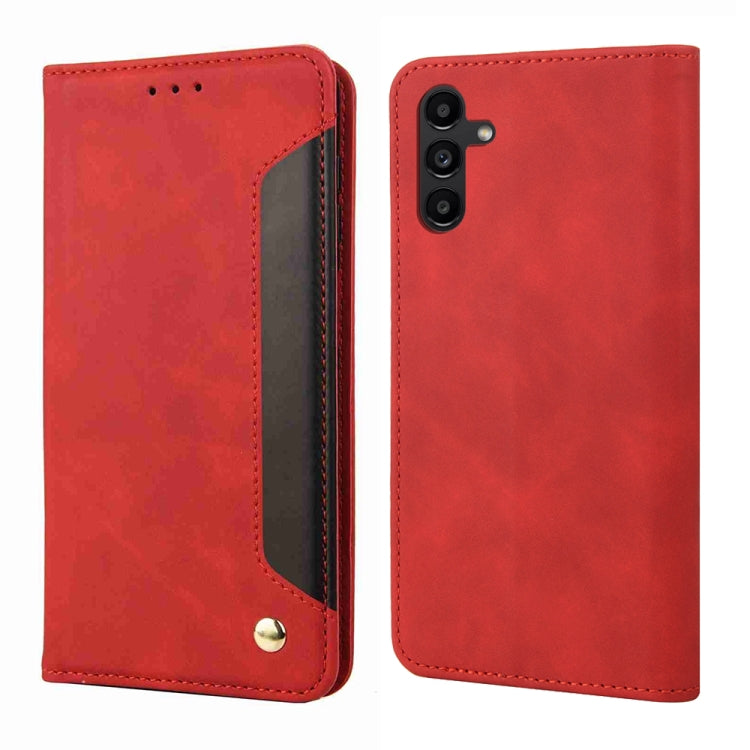 Red splicing leather phone case for Samsung Galaxy A05s, featuring a wallet design with card slot and stand functionality.